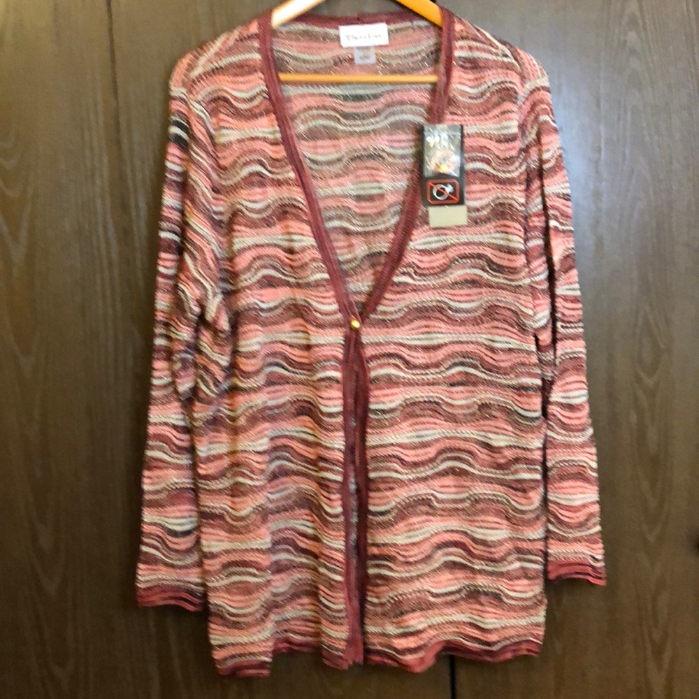 TANJAY NWT XL CARDIGAN - CORAL WAVES SINGLE GOLD BUTTON  METALLIC THREAD - #154